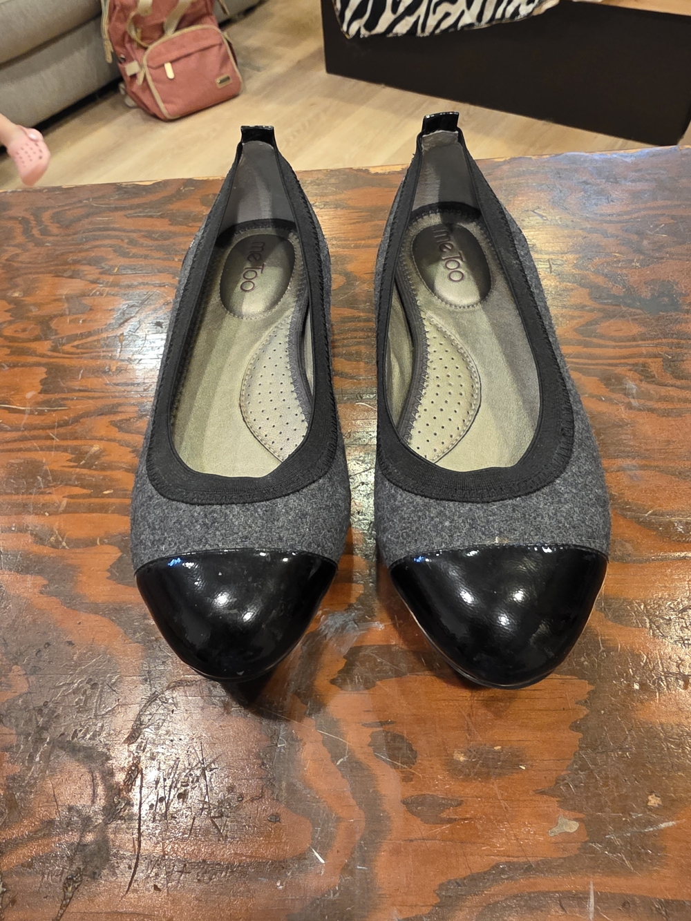 me too Gray Felt Ballet Flats with Black Patent Cap Toe